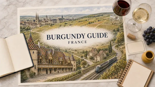 Overhead Burgundy travel flat lay with an illustrated Beaune Hôtel-Dieu, Côte d'Or vineyards, wine villages and regional train.