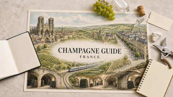 Overhead Champagne travel flat lay with an illustrated Reims cathedral, Épernay avenue, vineyard slopes, chalk cellars and regional train.
