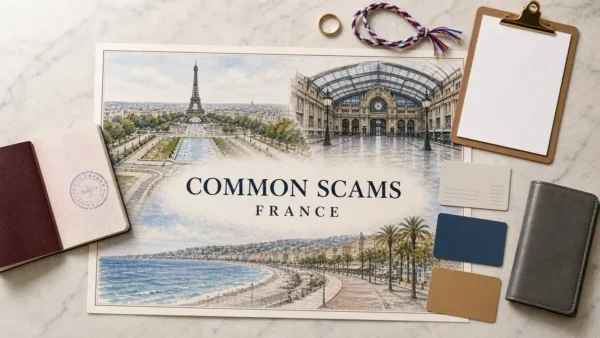 Common Scams in France: How Each One Runs and How to Refuse 12 Overhead France scam-awareness flat lay with an illustrated Paris, rail-station and Riviera poster, passport, ring, bracelet, clipboard, cards and wallet.