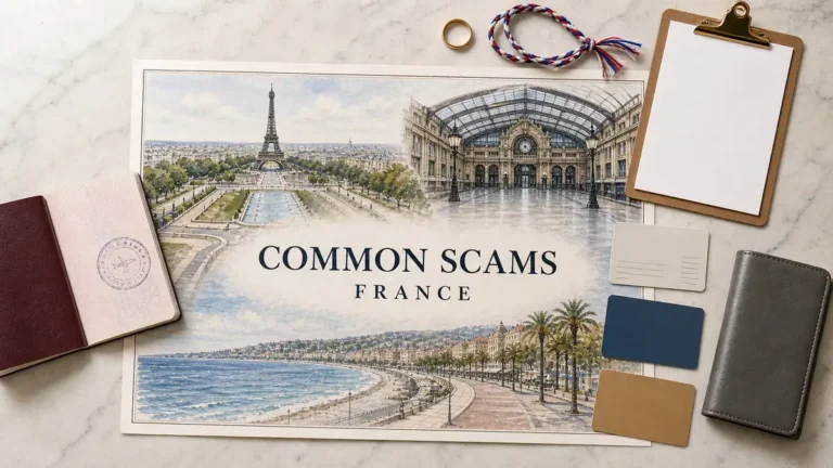 Common Scams in France: How Each One Runs and How to Refuse 7 Overhead France scam-awareness flat lay with an illustrated Paris, rail-station and Riviera poster, passport, ring, bracelet, clipboard, cards and wallet.