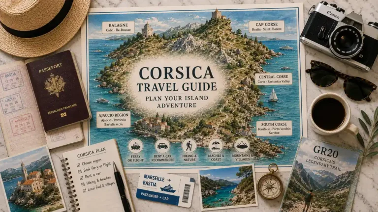 Travel to Corsica, France: How to Plan Your First Island Trip 2 Overhead Corsica travel map with passport, ferry ticket, notebook, compass, coastal scenery, and island travel props.