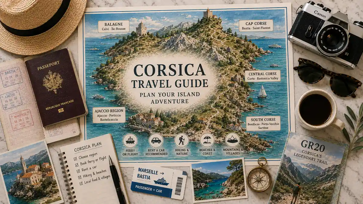 Travel to Corsica, France: How to Plan Your First Island Trip 2 Overhead Corsica travel map with passport, ferry ticket, notebook, compass, coastal scenery, and island travel props.