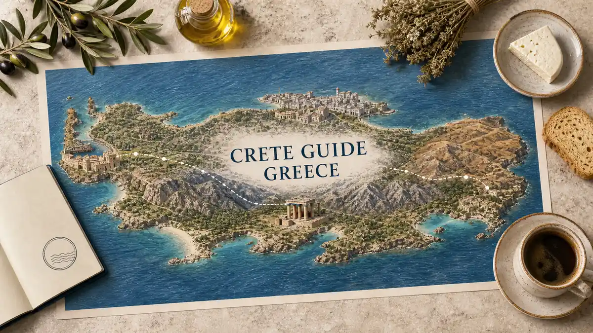 Travel to Crete, Greece: Plan the Island Like a Country 2 Crete travel guide flat lay with a long island map, mountain spine, harbour towns, gorges, beaches and olive groves