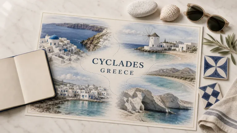Cyclades travel flat lay comparing Santorini, Mykonos, Naxos, Paros and the volcanic coast of Milos