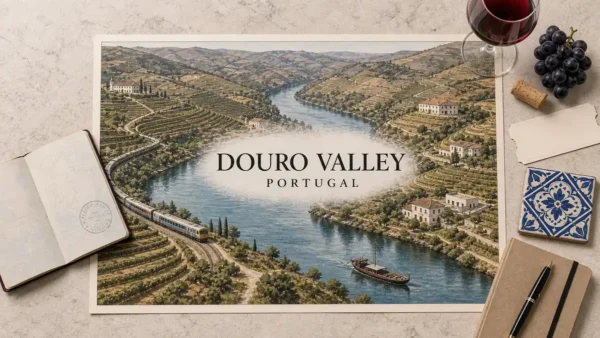 Overhead Douro Valley travel flat lay with an illustrated river, terraced vineyards, quintas, scenic train and empty boat.
