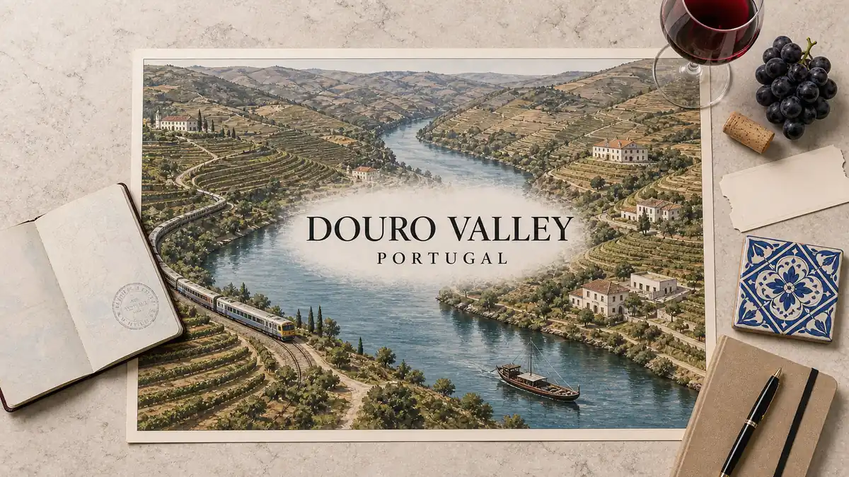 Travel to Douro Valley, Portugal: How to Plan Your Trip 2 Overhead Douro Valley travel flat lay with an illustrated river, terraced vineyards, quintas, scenic train and empty boat.