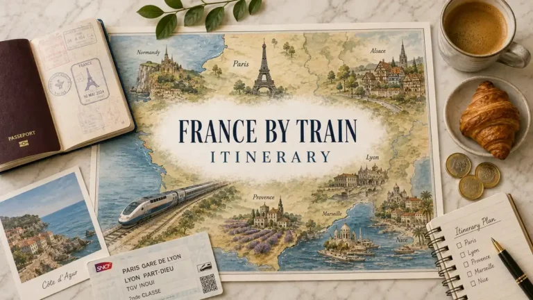 France train itinerary flat lay with illustrated route map, passport, train, ticket, coffee, and travel notebook.