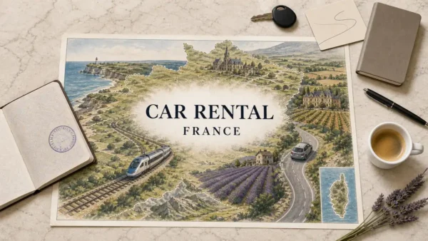 Overhead France car-rental flat lay with an illustrated train, rental car, rural road, lavender fields and vineyards.