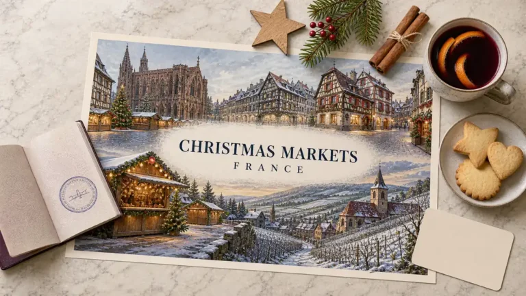 The Best Christmas Markets in France — and How to Choose 7 Overhead France Christmas-market flat lay with an illustrated Strasbourg cathedral, Colmar streets, Alsace village chalets and festive props.