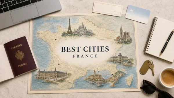 Overhead France city-comparison flat lay with an illustrated map, passport, laptop, rail and flight cards, notebook, room key, coffee and sunglasses.