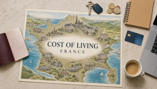 Overhead France cost-of-living flat lay with an illustrated map poster, open passport, apartment key, euro coins, notebook, transit card, laptop and coffee.
