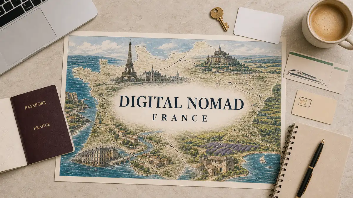 Living in France as a Digital Nomad: Is It Right for You? 2 Overhead France digital-nomad flat lay with an illustrated map, passport, laptop, apartment key, rail ticket, connectivity card, notebook and coffee.
