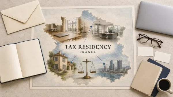 Overhead France tax-residency flat lay with an illustrated home, apartment workspace, empty office, overseas skyline and balance scales, framed by blank work documents.
