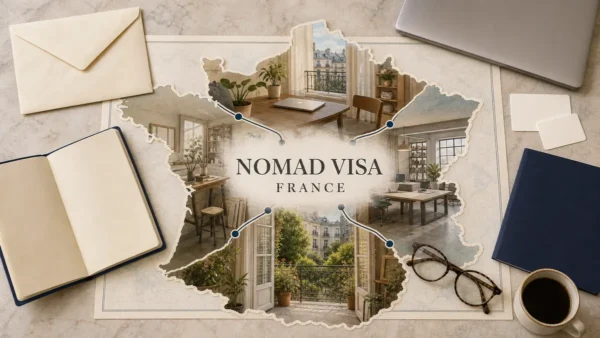 Overhead France visa-planning flat lay with an illustrated apartment, independent studio, empty founder workspace and residential balcony, framed by blank application props.