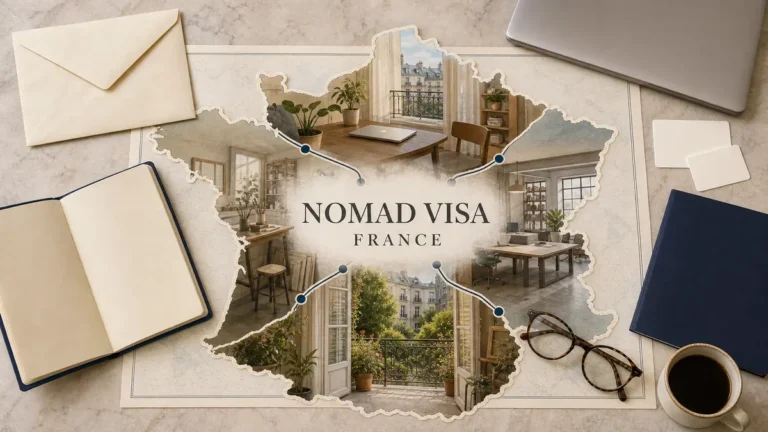 Overhead France visa-planning flat lay with an illustrated apartment, independent studio, empty founder workspace and residential balcony, framed by blank application props.