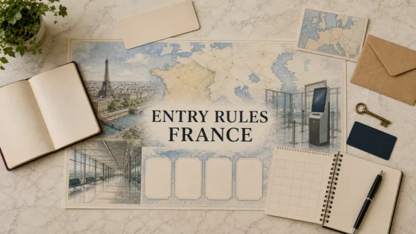 Overhead France entry-rules flat lay with an illustrated Europe map, Paris, empty border gates and arrivals corridor, blank category cards and calendar, framed by travel documents.