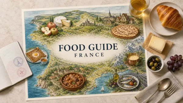 Overhead France food-guide flat lay with a regional illustrated map, passport, croissant, cheese, olives, grapes, cider and tableware.