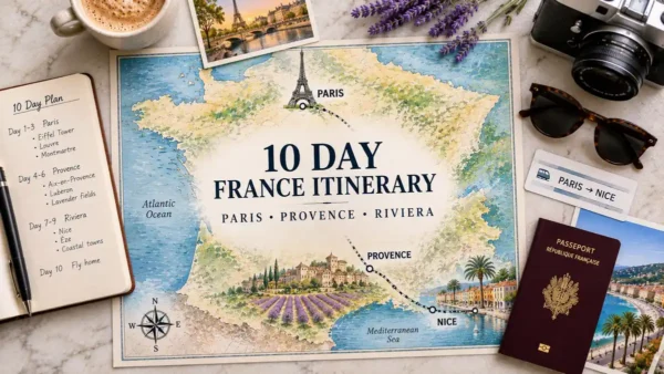 Top-down France itinerary flat lay with an illustrated route from Paris through Provence to Nice, plus passport, notebook, coffee, sunglasses and travel ticket.