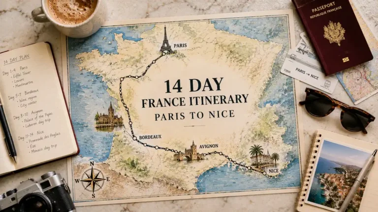 France in 14 Days Itinerary: One Arc, Not a Loop 5 Top-down France itinerary flat lay with an illustrated route map from Paris through Bordeaux and southern France to Nice, plus passport, coffee and travel notes.