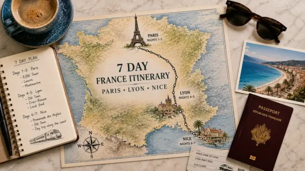 Top-down France itinerary flat lay with an illustrated route from Paris through Lyon to Nice, plus passport, notebook, coffee, sunglasses and train ticket.