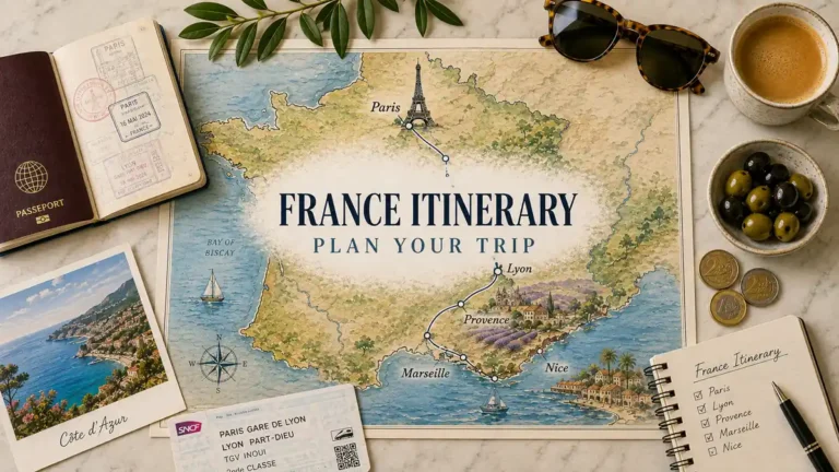 France itinerary flat lay with illustrated route map, passport, rail ticket, euro coins, coffee, postcard, and planning notebook.