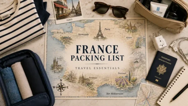 France Packing List: What to Pack and What to Leave at Home 10 Top-down France packing flat lay with an illustrated map, folded clothes, passport, sunglasses, toiletries, power adapter and travel notebook.