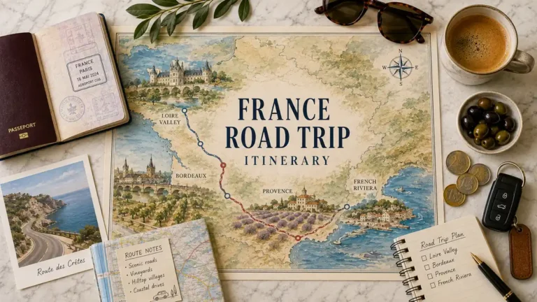 France road trip flat lay with illustrated route map, passport, car key, euro coins, coffee, postcard, and planning notebook.