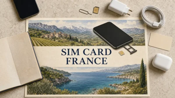 Overhead France SIM-card travel flat lay with an illustrated blank smartphone, open SIM tray and unmarked card over empty French countryside and coast.