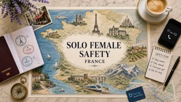 Solo Female Safety in France: What to Expect and Who to Call 6 Overhead illustrated map of France with passport, phone, safety checklist, coffee and travel props for a solo female safety guide.