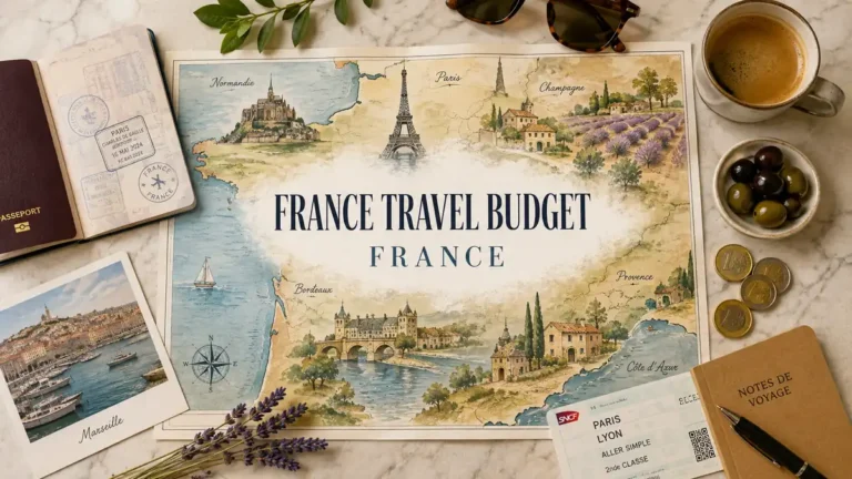 France travel budget flat lay with map, passport, euro coins, rail ticket, coffee, and lavender.