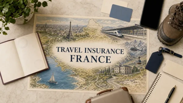 Overhead France travel-insurance flat lay with an illustrated Paris, train, clinic, Alpine helicopter and cable car, coast and sailboat, framed by blank policy and travel props.