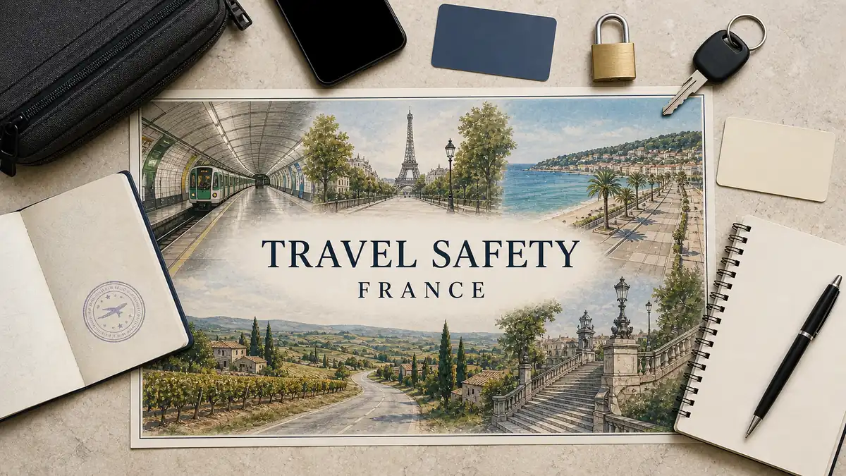France Safety: The Real Risks and an Honest Verdict 2 Overhead France travel-safety flat lay with an illustrated empty Metro platform, Paris landmark, Riviera seafront and rural road, framed by safety-planning props.