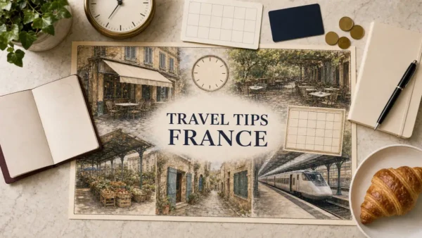 Overhead France travel-tips flat lay with an illustrated blank-awning café, restaurant terrace, produce market, stone village, clock, calendar and empty train station.