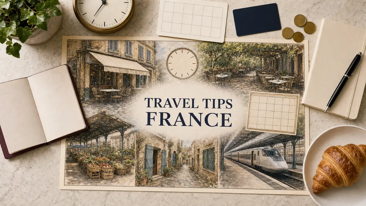 France Travel Tips: How the Country Actually Works 2 Overhead France travel-tips flat lay with an illustrated blank-awning café, restaurant terrace, produce market, stone village, clock, calendar and empty train station.