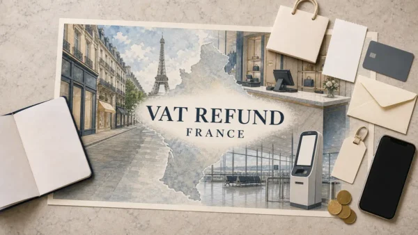 Overhead France VAT-refund flat lay with an illustrated Paris shopping street, retail counter, airport validation kiosk and blank travel documents.