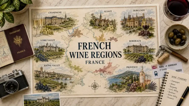 France Wine Regions: How to Choose the Right One to Visit 2 Overhead France wine regions map with Bordeaux, Burgundy, Champagne, Alsace, Loire, Rhône and Provence travel props.