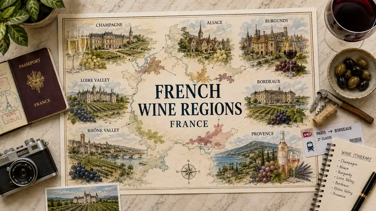 France Wine Regions: How to Choose the Right One to Visit 2 Overhead France wine regions map with Bordeaux, Burgundy, Champagne, Alsace, Loire, Rhône and Provence travel props.