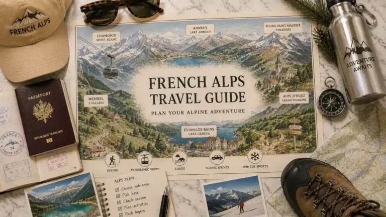 Travel to the French Alps, France: Which Area, How Long, When 3 Overhead French Alps travel map with mountain scenery, passport, hiking gear, notebook, compass, and seasonal travel props.