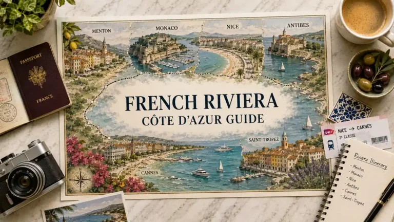 Travel to the French Riviera, France: Bases, Days, and Timing 3 Overhead French Riviera travel map with Menton, Monaco, Nice, Antibes, Cannes, Saint-Tropez and travel-planning props.