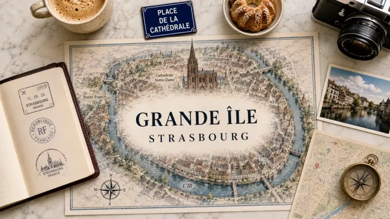 Grande Île, Strasbourg: Should You Stay on the Island? 8 Top-down Strasbourg travel flat lay with an illustrated Grande Île map, passport, coffee, pastry, postcard and compass.