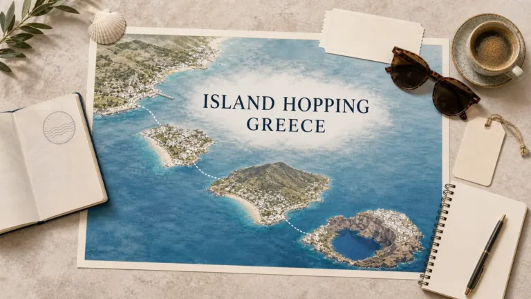Greek Island Hopping: Ferry Routes That Actually Work 6 Greek island hopping flat lay with a dotted route from Athens through Paros and Naxos to Santorini