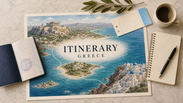 Greece Itinerary: How Long, How Many Stops, and Which Order 5 Overhead Greece itinerary flat lay with a dotted sea route from Athens through a green Cyclades island to a caldera village.