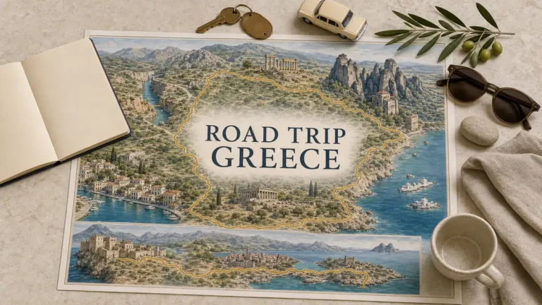 Greece road trip flat lay with a mainland circuit through the Peloponnese and Meteora plus a Crete route