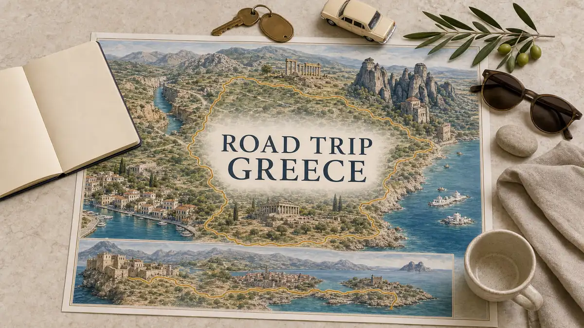 Greece Road Trip: The Best Routes and Where Not to Drive 2 Greece road trip flat lay with a mainland circuit through the Peloponnese and Meteora plus a Crete route