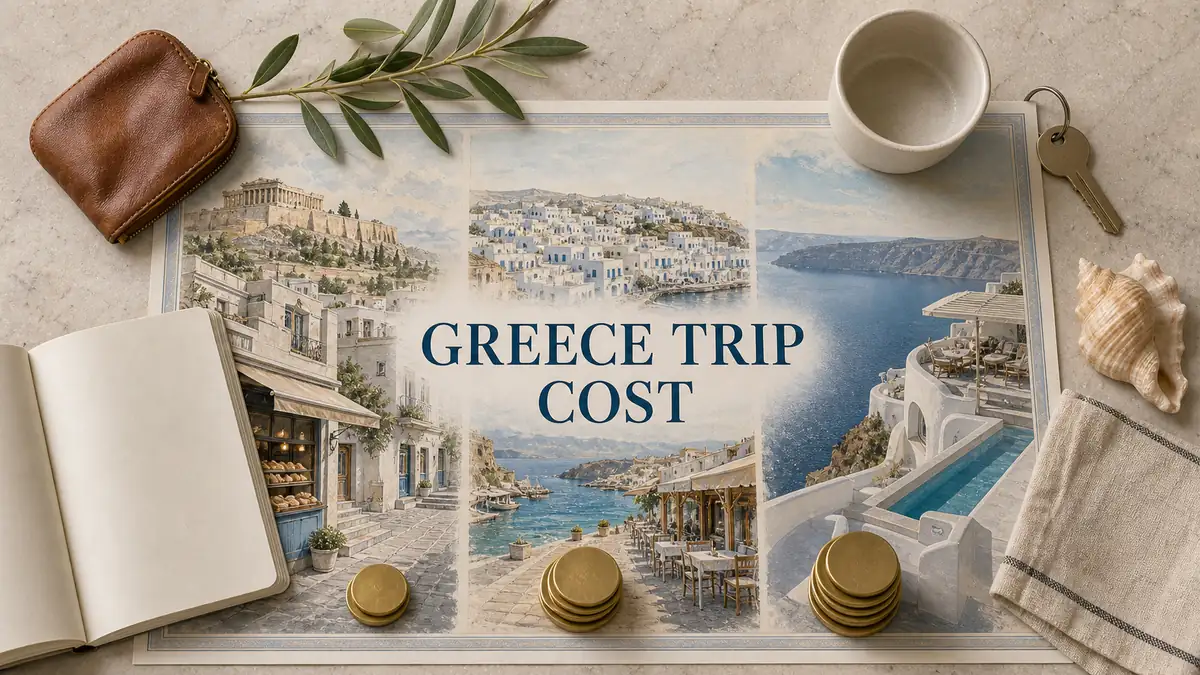 Greece Trip Cost: Daily Budgets by Travel Style and Island 2 Greece trip cost flat lay comparing budget Athens, a mid-range island stay and a premium caldera hotel