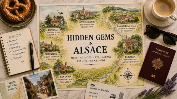 Top-down Alsace travel flat lay with an illustrated map of quieter wine villages, passport, notebook, pretzel, coffee, sunglasses and village postcard.