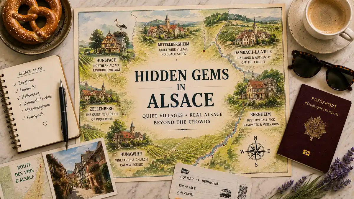 Hidden Gems in Alsace: The Villages the Coaches Skip 2 Top-down Alsace travel flat lay with an illustrated map of quieter wine villages, passport, notebook, pretzel, coffee, sunglasses and village postcard.