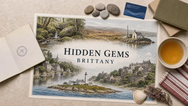 Overhead Brittany travel flat lay with an illustrated mossy granite forest, open moor, chapel islet, quiet river town and lighthouse island, framed by Breton travel props.