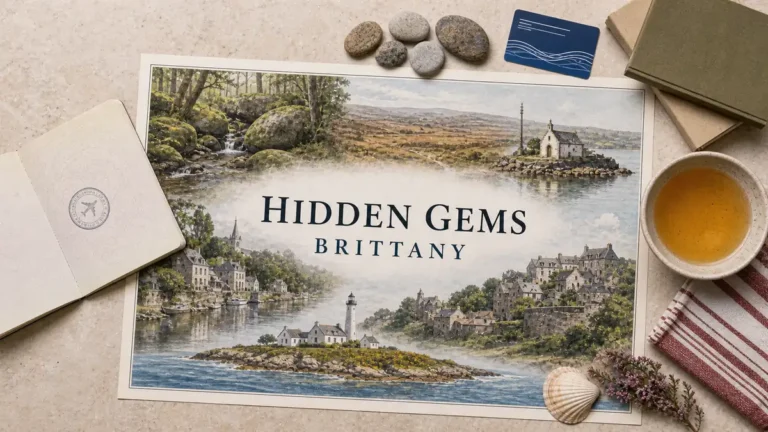 Hidden Gems in Brittany: Underrated Towns, Villages and Coast 5 Overhead Brittany travel flat lay with an illustrated mossy granite forest, open moor, chapel islet, quiet river town and lighthouse island, framed by Breton travel props.
