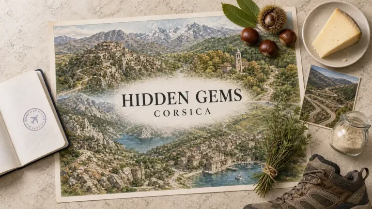 Hidden Gems in Corsica: Inland Villages Worth the Detour 6 Overhead Corsica travel flat lay with illustrated inland ridge villages, chestnut forest, mountain lake, granite peaks and a small working harbour, framed by island food and road props.